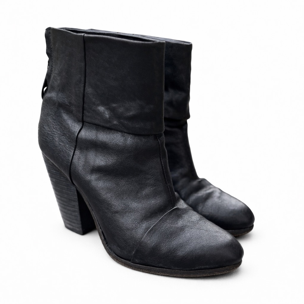 Rag & Bone Newbury Black Leather Stacked Heel Ankle Boots Sz 9